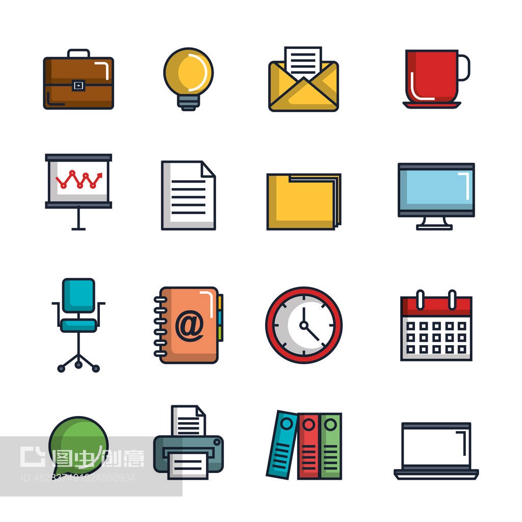 办公文具设备用品图标套装 现代办公环境的视觉助手