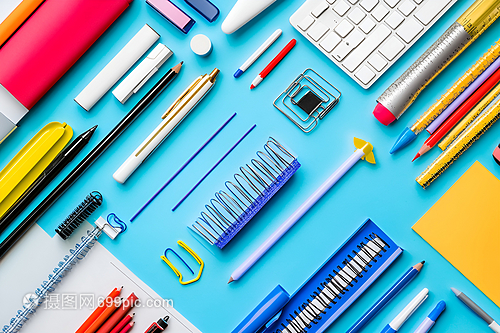 蓝色桌面上的办公用品